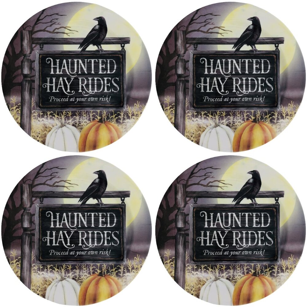 Halloween Melamine Dinner Plates 11" Set of 4 Haunted Hay Rides New